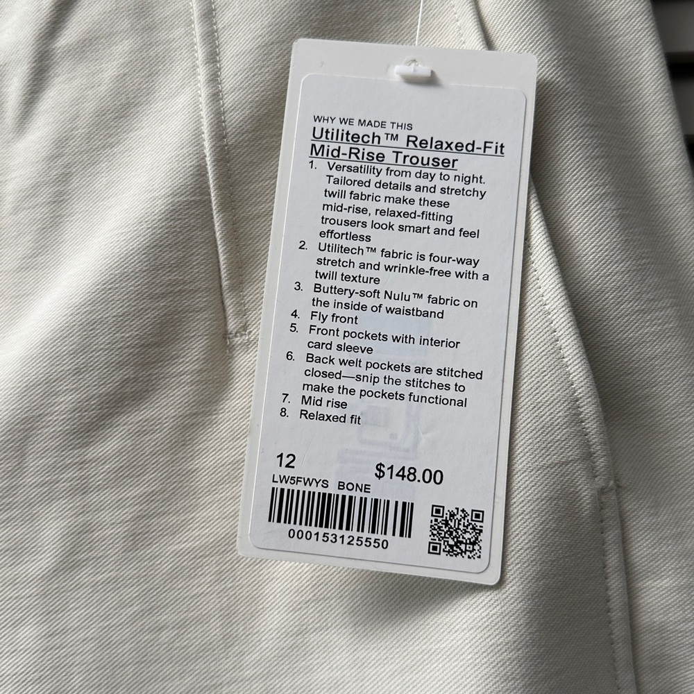 Lululemon Utilitech Relaxed-Fit Mid-Rise Trouser Bone sz12 #0020 - Picture 4 of 5